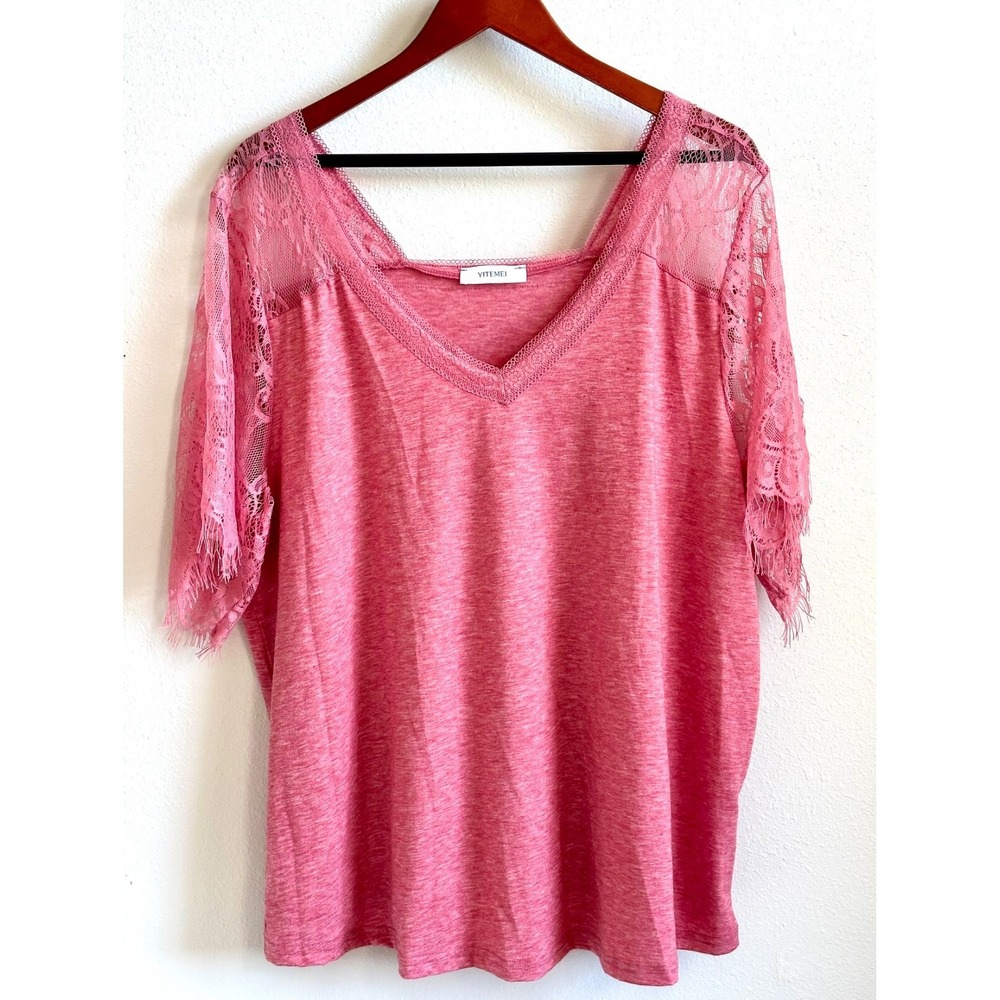 Pink Rose Women's 4XL Short‎ Sleeve V-Neck Fringe Lace Trim Jersey Top - Picture 3 of 10
